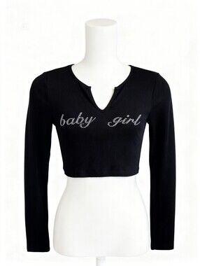 Y2K "baby girl" Black Rhinestone Script Cropped Long Sleeve Top